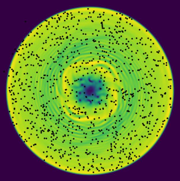 Vortices in a rotating BEC with a pinning site and tracer particles.